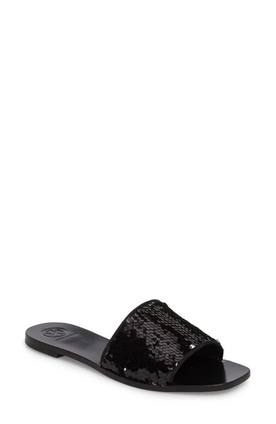 Shop Tory Burch Carter Sequin Slide Sandal In Perfect Black/ Silver