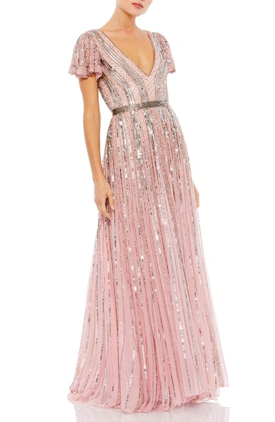 Shop Mac Duggal Sequin Stripe Tulle Gown In Rose