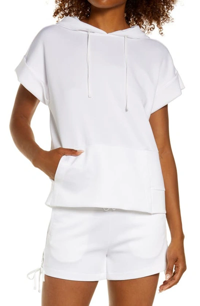 Shop Blanc Noir Mesh Back Short Sleeve Hoodie In White
