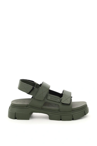 Shop Ganni Recycled Rubber Sandals With Velcro In Green