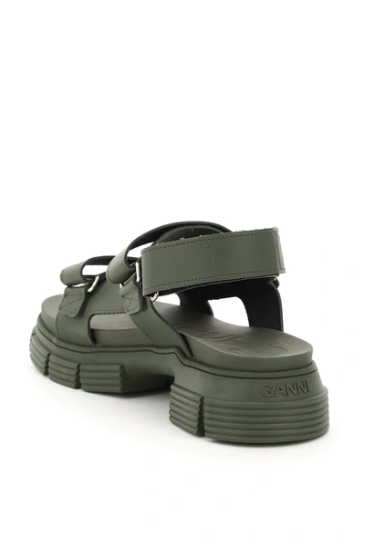 Shop Ganni Recycled Rubber Sandals With Velcro In Green