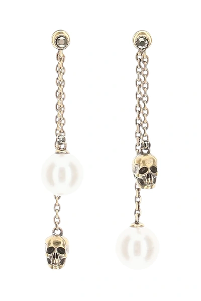 Shop Alexander Mcqueen Skull And Pearl Pendant Earrings In Gold,metallic