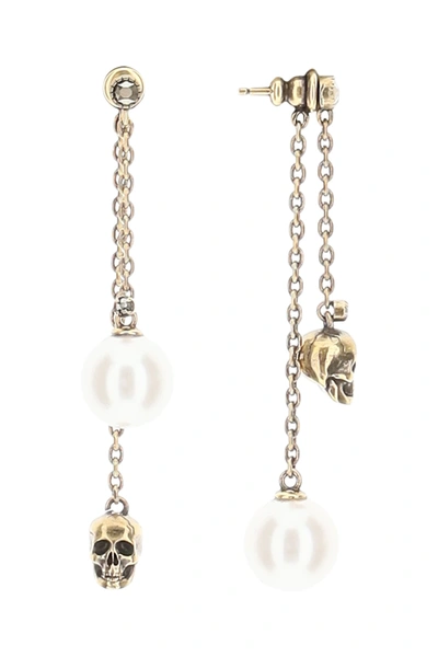 Shop Alexander Mcqueen Skull And Pearl Pendant Earrings In Gold,metallic