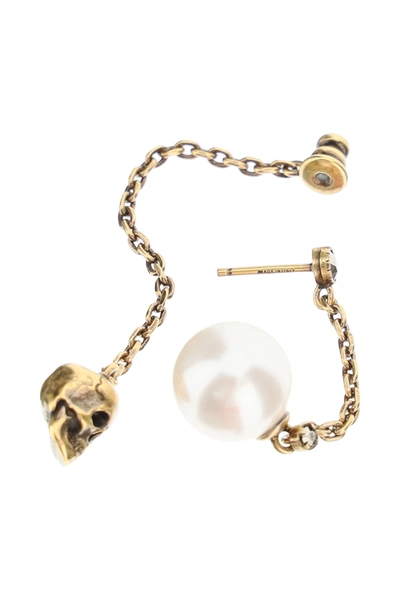 Shop Alexander Mcqueen Skull And Pearl Pendant Earrings In Gold,metallic