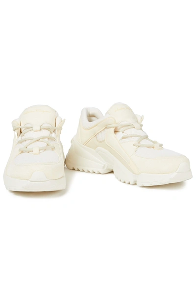 Shop Ferragamo Skylar Patent Leather-trimmed Suede And Mesh Sneakers In Cream