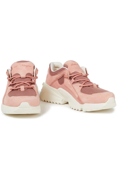 Shop Ferragamo Skylar Patent Leather-trimmed Suede And Mesh Sneakers In Baby Pink