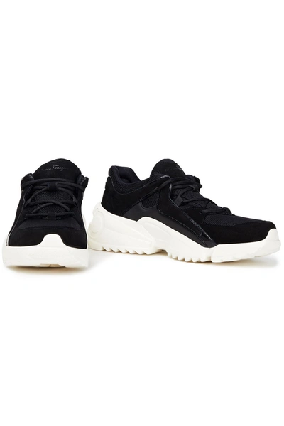 Shop Ferragamo Skylar Patent Leather-trimmed Suede And Mesh Sneakers In Black