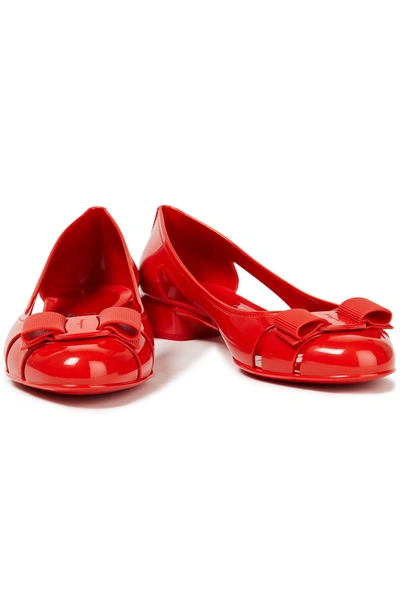 Shop Ferragamo Vara Jelly Bow-embellished Rubber Ballet Flats In Tomato Red