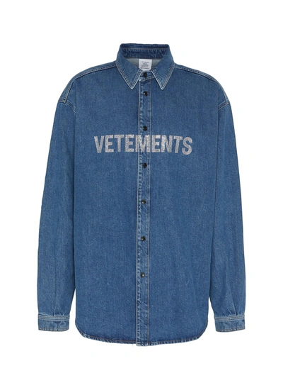 Shop Vetements Crystal Logo Embellished Denim Shirt In Blue