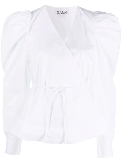 Shop Ganni Wraparound Puff-sleeve Shirt In White