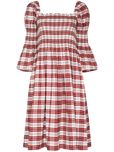 Shop Molly Goddard Aditi Tartan Shirred Midi Dress In Rot