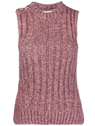 Shop Ganni Metallic Knit Ribbed Vest Top In Rosa