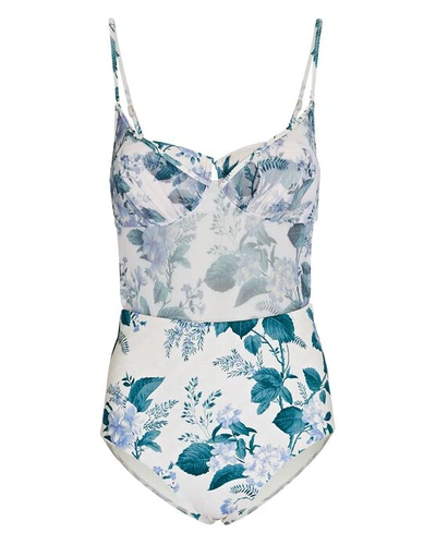 Shop Zimmermann Cassia Balconette Floral One-piece Swimsuit In White/blue