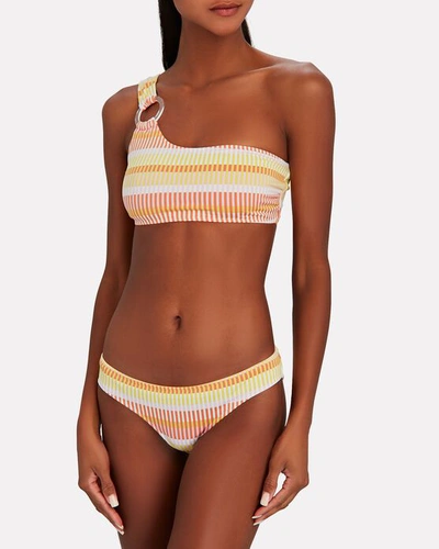 Shop Solid & Striped The Desi Striped One-shoulder Bikini Top In White/orange/yellow