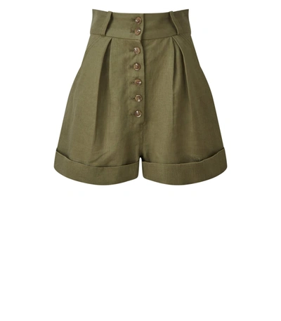 Shop Matthew Bruch Button Fly Linen Short In Army Green