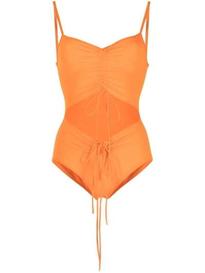 Shop Christopher Esber Disconnect Ruched Swimsuit Tangerine