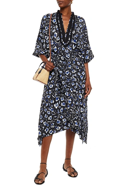 Shop Tory Burch Grosgrain-trimmed Gathered Floral-print Crepe De Chine Midi Dress In Anthracite