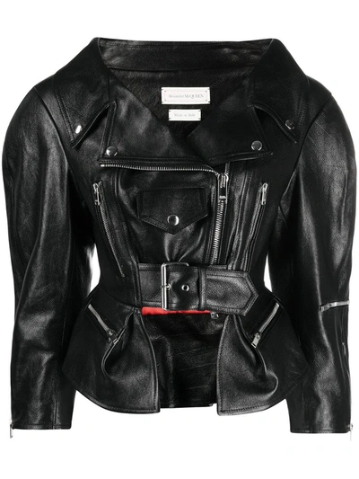 Shop Alexander Mcqueen Black Peplum Waist Biker Jacket In Nero