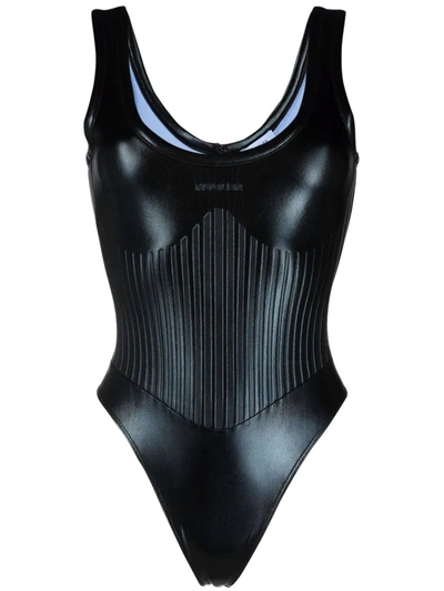 MUGLER SLEEVELESS BODY IN BLACK SHINY STRETCH JERSEY 