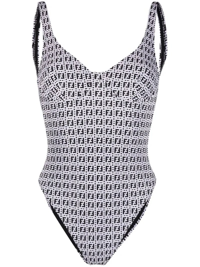 Shop Fendi Ff Logo Print Swimsuit, White And Black