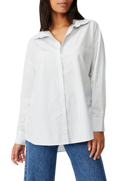Shop Cotton On Lily Striped Frill Collar Long Sleeve Tunic Shirt In Polly Pinstripe Sunfaded Denim