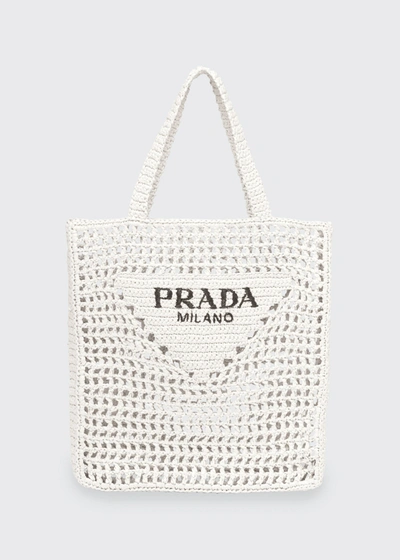 Shop Prada Bicolor Woven Logo Shopper Tote Bag In F0009 Bianco