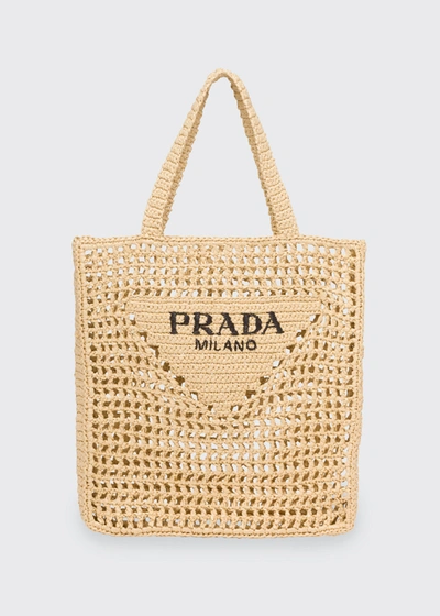 Shop Prada Bicolor Woven Logo Shopper Tote Bag In F0018 Naturale