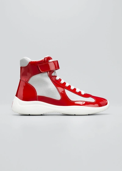 Shop Prada Men's America's Cup Patent Leather High-top Sneakers In Rosso Arge