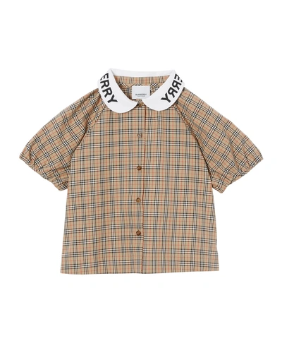 Shop Burberry Girl's Lila Vintage Check Logo Blouse In Archive Beige Ip