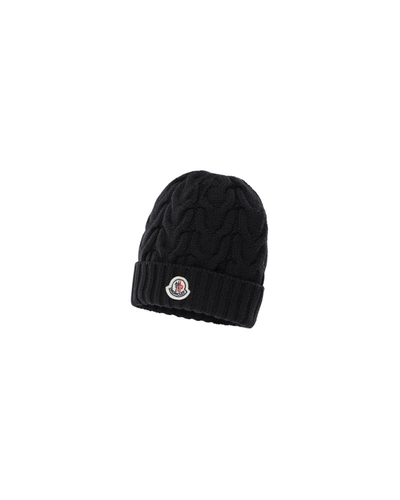 Shop Moncler Kid's Cable-knit Logo Virgin Wool Beanie Hat In 778 Navy