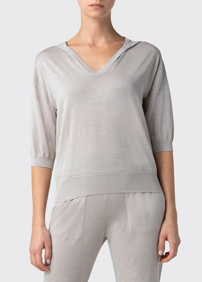 Shop Akris Metallic 3/4-sleeve Hooded Sweater In Gray