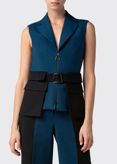 Shop Akris Bicolor Double-face Belted Vest In Blue/black