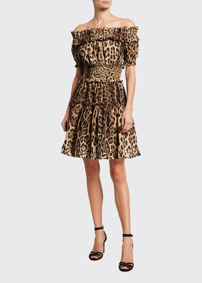 Shop Dolce & Gabbana Leopard Off-the-shoulder Mini Dress