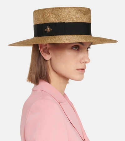 Shop Gucci Embellished Lamé Straw Hat In Dorenoir