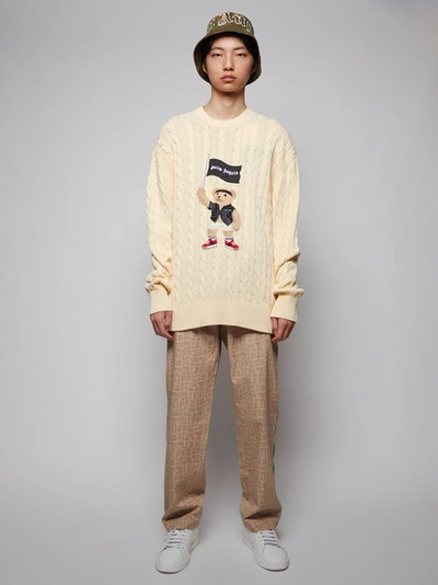 Shop Palm Angels Pirate Bear Cable Knit Sweater, Beige And White