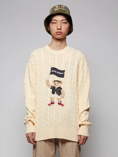 Shop Palm Angels Pirate Bear Cable Knit Sweater, Beige And White