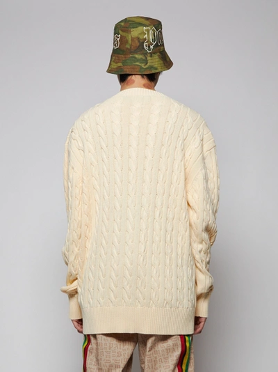 Shop Palm Angels Pirate Bear Cable Knit Sweater, Beige And White