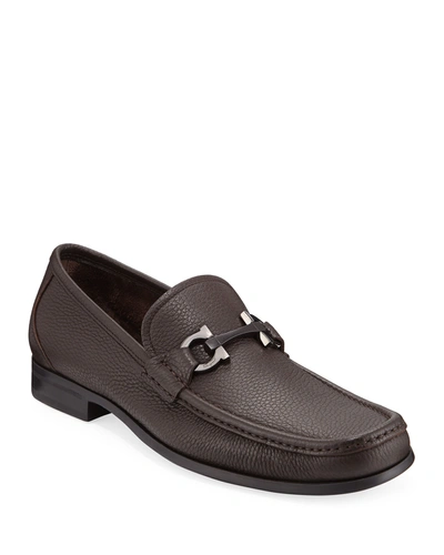 Shop Ferragamo Men's Grandioso Grained Calfskin Gancini Loafer In Brown