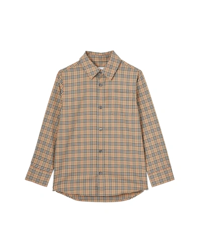 Shop Burberry Boy's Owen Micro Vintage Check Button-down Shirt In Archive Beige Ip