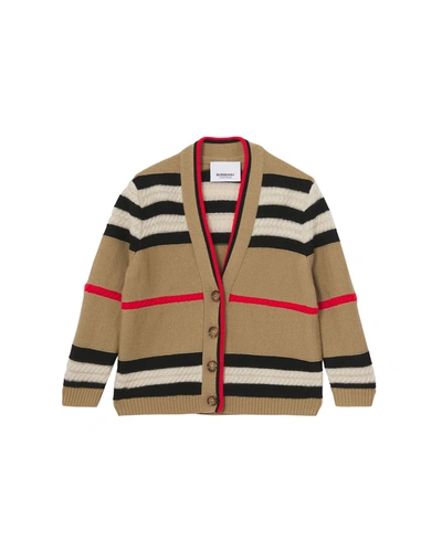 Shop Burberry Girl's Leeta Icon Stripe Rib Knit Cardigan In Archive Beige