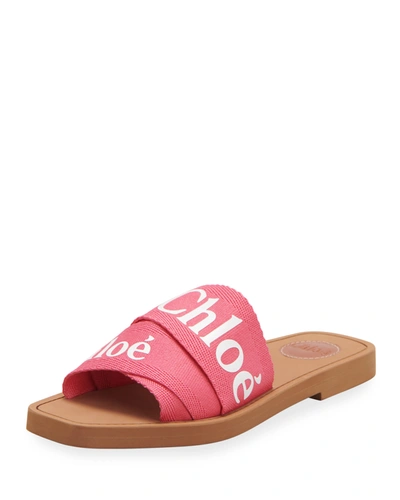 Shop Chloé Woody Flat Logo Ribbon Slide Sandals In Pink