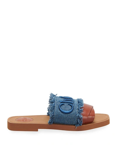 Shop Chloé Woody Logo Flat Denim Sandals In Deep Denim