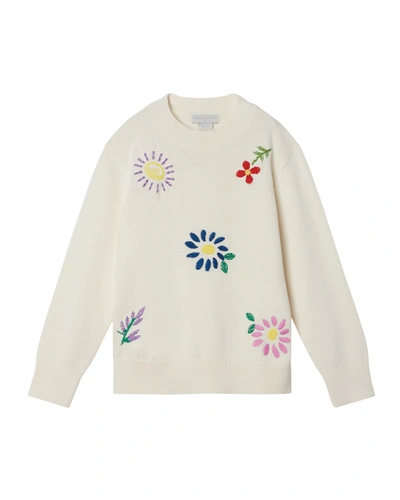 Shop Stella Mccartney Girl's Floral Embroidered Rib Knit Sweater In 9100 Ivory