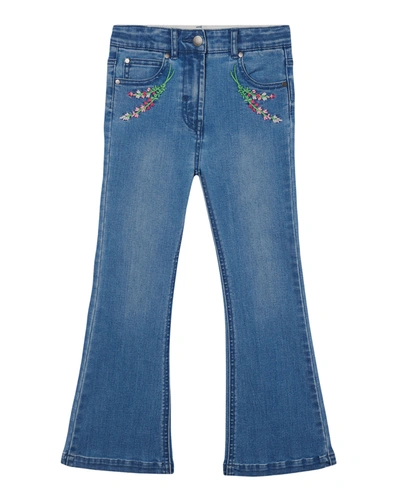 Shop Stella Mccartney Girl's Floral Embroidered Flared Denim Jeans In 4054 Blue