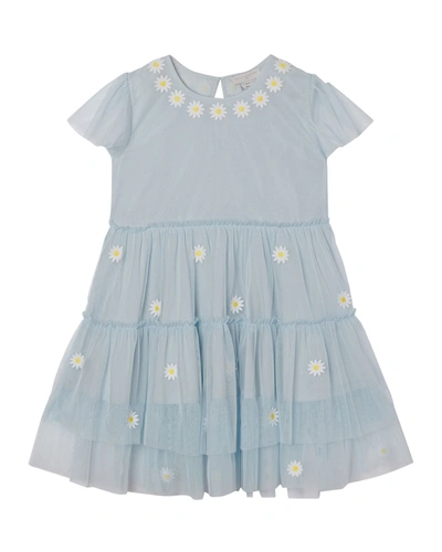 Shop Stella Mccartney Girl's Daisy Tulle Tiered Short-sleeve Dress In 4034 Blue