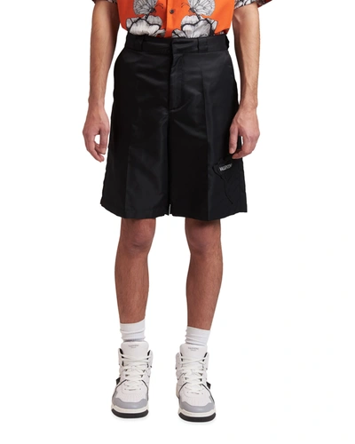 Shop Valentino Men's Nylon Shorts W/ Logo Patch In Black/white