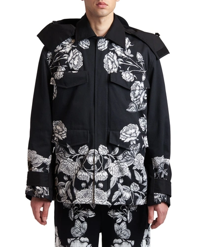 Shop Valentino Men's Gabardine Flower-print Caban Coat In Black Multi