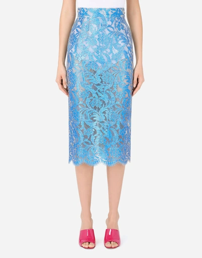Shop Dolce & Gabbana Laminated Lace Midi Skirt In Turquoise