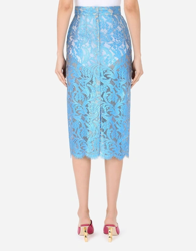 Shop Dolce & Gabbana Laminated Lace Midi Skirt In Turquoise