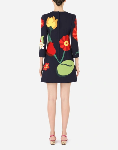 Shop Dolce & Gabbana Short Crepe Dress With Floral Patches In Blue